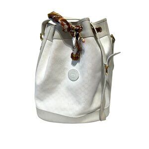 Gucci White Monogram Canvas Bucket Bag With Multicolor Scarf & Gold Accents